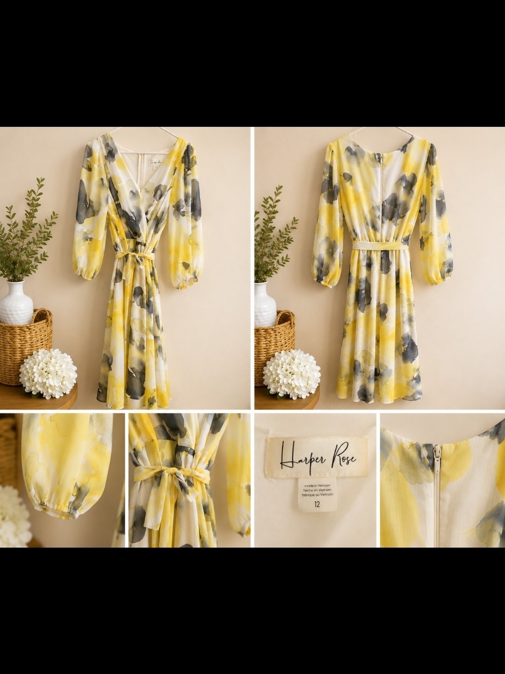 Harper Rose Yellow & Gray Floral Midi Dress